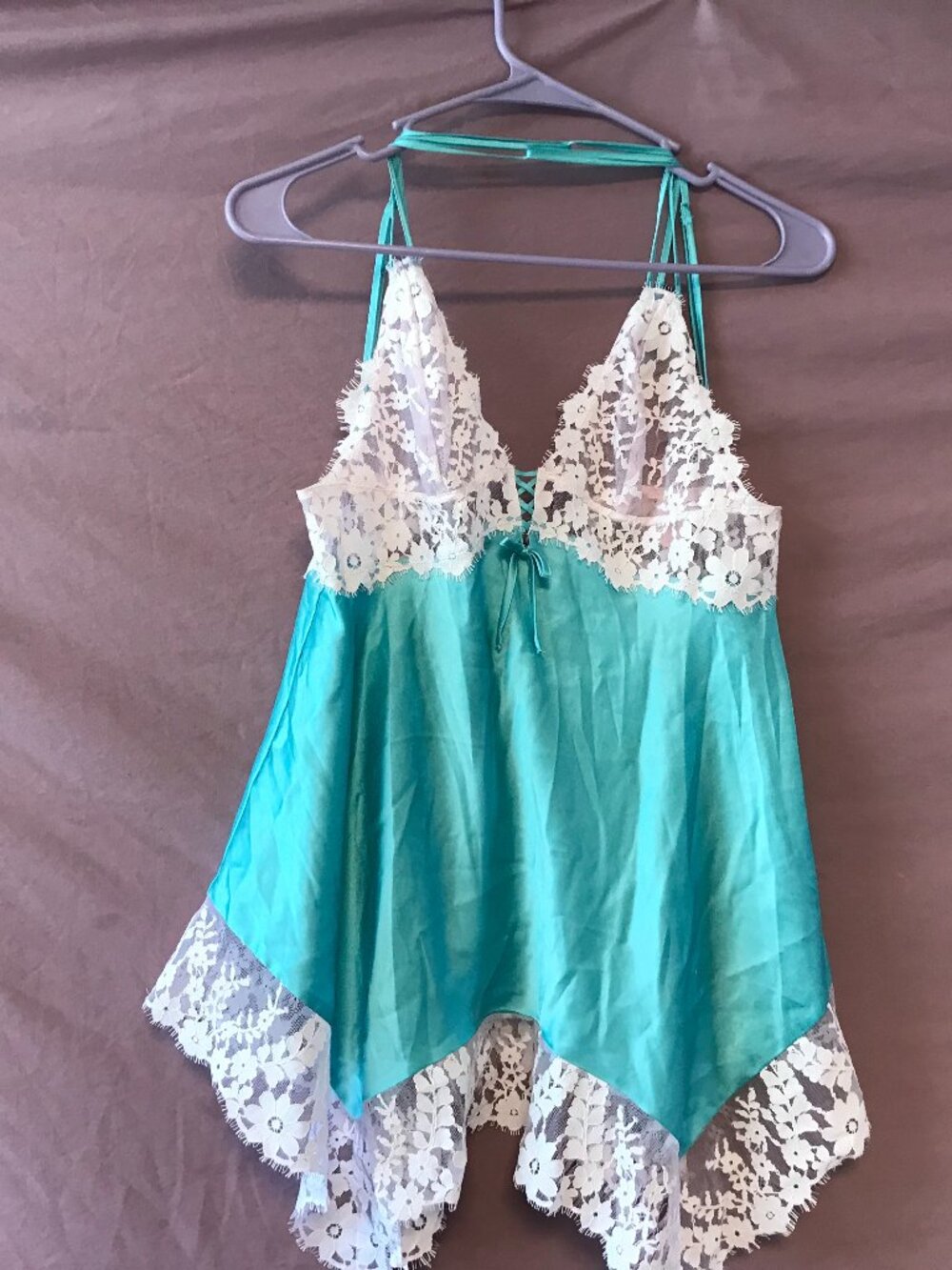 Victoria's Secret lace trim babydoll chemise slip with lace cups in vibrant teal